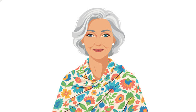 Portrait of a smiling elderly woman with elegant grey hair, bright blue eyes, and a colorful floral shawl posing against a clean white background.