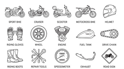 Motorcycle Icons, Bike Parts, Transportation Symbols, 16 Vector Graphics © Rosie