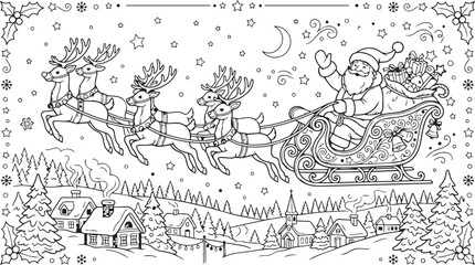 Obraz premium Santa Claus Sleigh Ride Coloring Page with Reindeer Flying Over Winter Village for Kids Christmas Activity