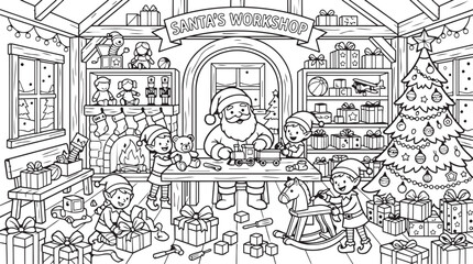 Obraz premium Santa's Workshop Coloring Page with Elves Making Toys and Christmas Tree for Kids Holiday Printable Activity