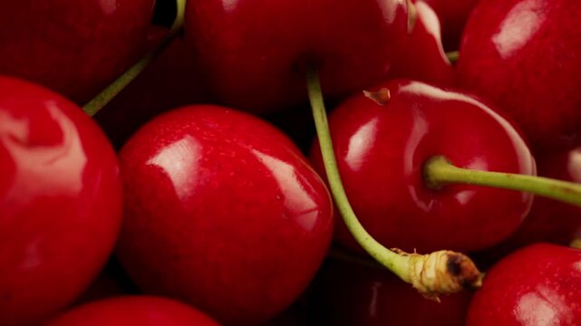 Panning shot moving closely across a pile of ripe red cherries showing glossy skins and fresh green stems in macro closeup