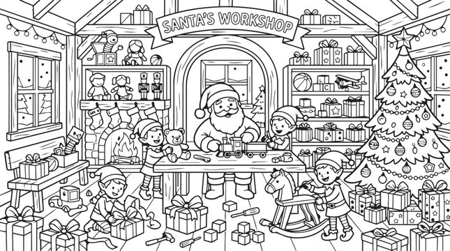 Santa's Workshop Coloring Page with Elves Making Toys and Christmas Tree for Kids Holiday Printable Activity