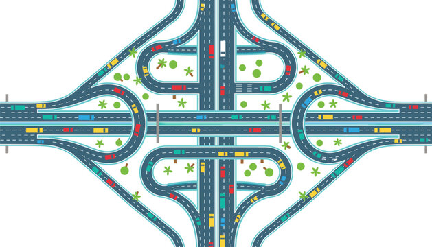 Aerial view of complex highway cloverleaf interchange with many cars driving on multiple levels of roads for transportation and infrastructure projects.