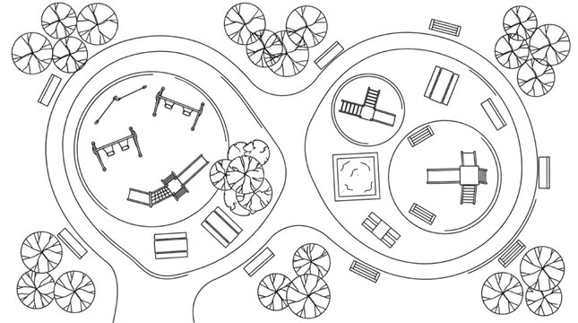 2D landscape site plan drawing of twin circular playground park with swings sandbox and picnic benches
