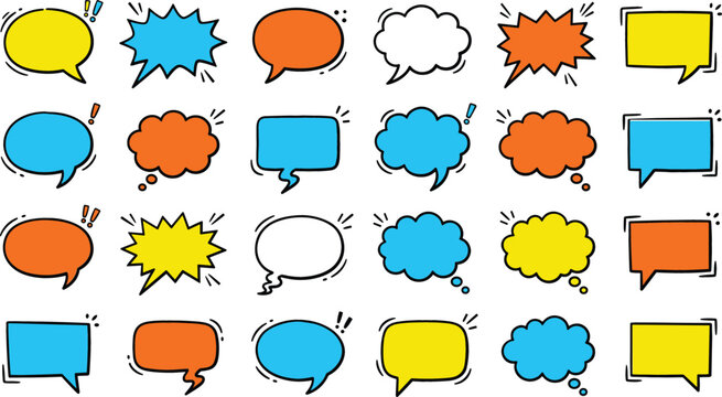 Comic speech bubble vector set with colorful hand drawn pop art dialog balloons cartoon thought clouds and retro starburst chat message boxes