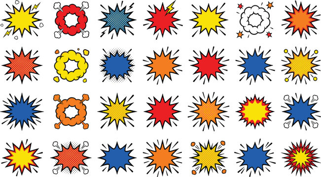 Comic book explosion bubble vector set with retro pop art burst shapes bright starburst clouds and halftone dynamic speed graphic elements