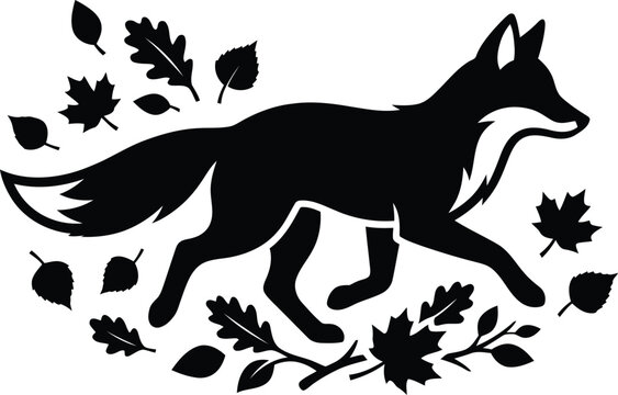 Fox walking through falling autumn leaves, represented as a minimalist black and white vector silhouette design perfect for seasonal woodland themed creative art and nature projects.