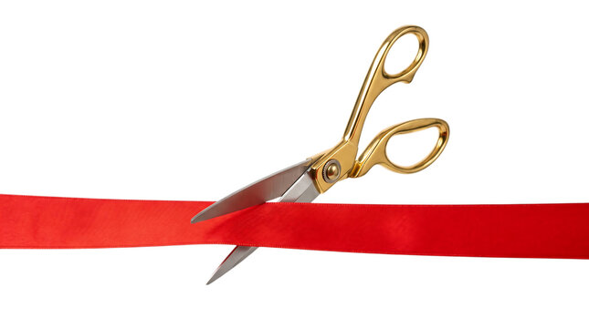 Golden Scissors Cutting Red Ribbon Isolated Transparent Background