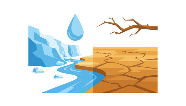 Climate change illustration contrasting a melting glacier and flowing river with a parched cracked earth landscape and a dry branch on a split screen background.