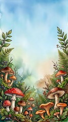 Fototapeta premium Watercolor Forest Scene with Mushrooms and Fern Leaves Nature Botanical Background