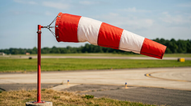 Red and white striped windsock on pole indicating wind direction at airport runway outdoors on sunny day.
