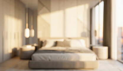 Naklejka premium Modern home bedroom with a large bed and stylish furnishings, shown in an unfocused interior scene.