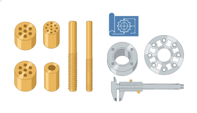 Engineering components including brass cylinders, threaded rods, metal disc, and caliper tool arranged with a technical gear blueprint for manufacturing analysis.