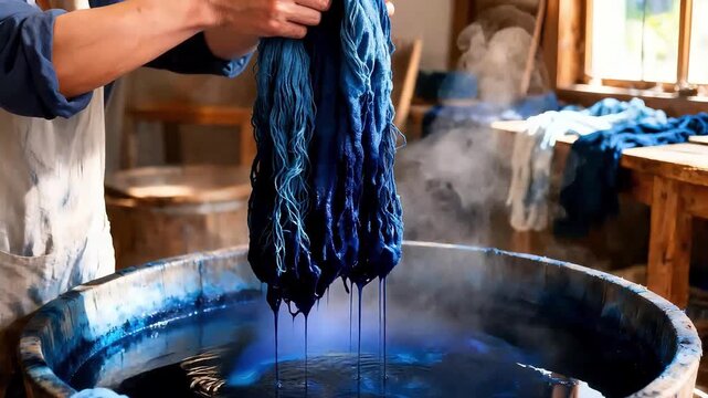 Slow motion of lifting dyed blue fabric from hot indigo vat