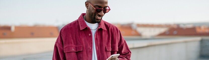 Obraz premium Stylish man in red jacket and sunglasses checking smartphone on rooftop for lifestyle banner and social media background for urban fashion branding