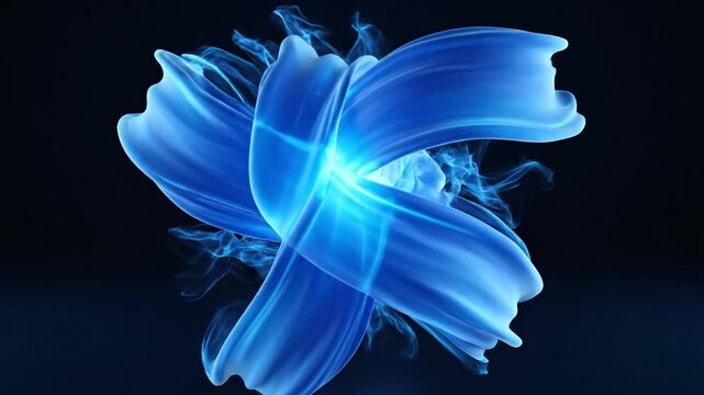 Abstract blue flowing ribbons form a glowing central knot shape