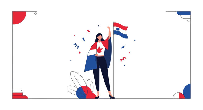 Woman Holding Paraguayan Flag with Confetti, Celebrating Independence Day