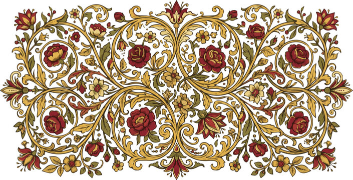 Isolated on Vintage elegant yellow and red design with winding vines and blooming flowers forest theme with floral patterns vector illustration on white background