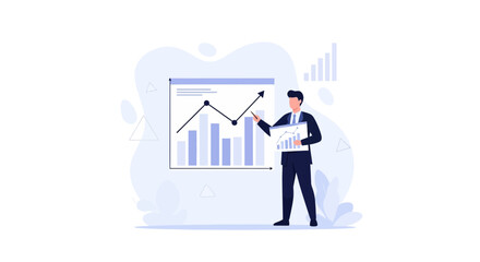 Naklejka premium Businessman presenting upward trending financial graphs and charts, vector illustration for business growth and analysis.