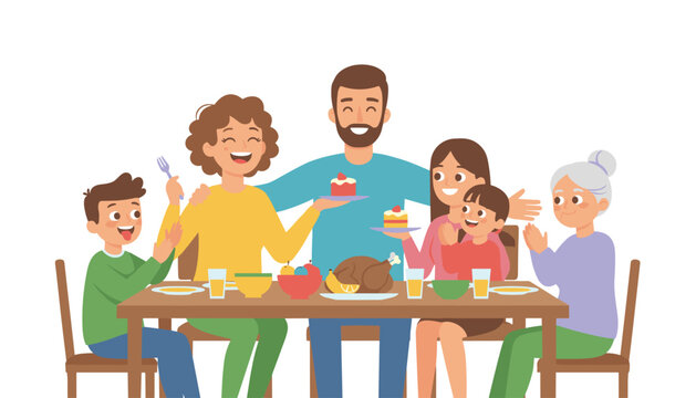 Happy family enjoying a festive dinner together at a wooden table with cake and turkey while smiling and celebrating a joyful holiday meal.