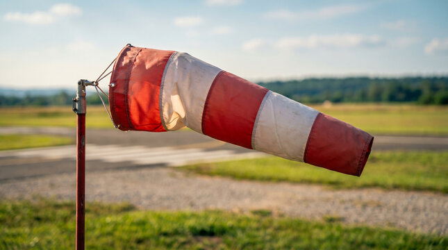 Red and white striped windsock flying at rural airport runway during sunny day for aviation safety and wind direction measurement in open field landscape with blue sky backgrounds.