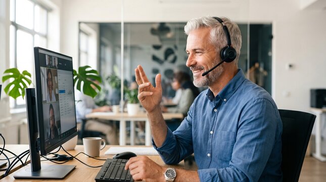 Professional mature businessman wearing headset conducting video call with team in modern office area.