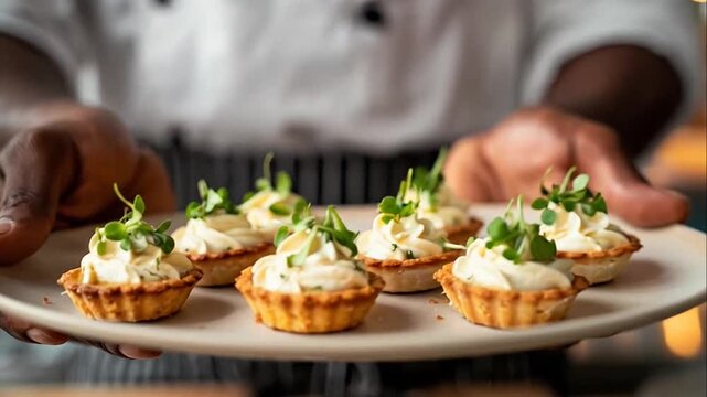 Professional chef holding a plate of gourmet cream tartlets garnished with fresh microgreens in a restaurant kitchen