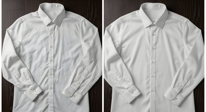 Before and after wrinkle removal on white dress shirt flat lay