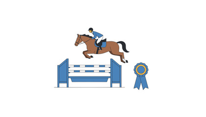 Naklejka premium Horse jumping over a blue and white fence with a blue ribbon award icon displayed next to the equestrian scene for sports or competition concepts.