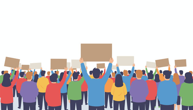 Large crowd of diverse people raising blank cardboard signs during public protest or social rally for collective action and civic engagement.