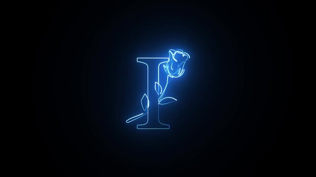 A captivating blue neon light letter I with a beautiful rose, glowing and flickering on a dark background