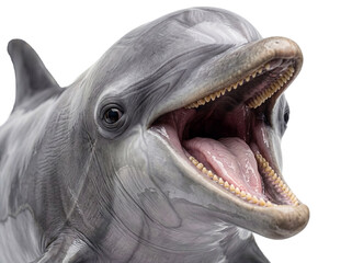 Close-up studio portrait of a bottlenose dolphin with an open mouth and visible teeth, isolated on transparent. © Ricky