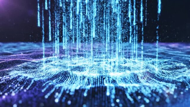 Abstract digital data particles flowing in a dark virtual space