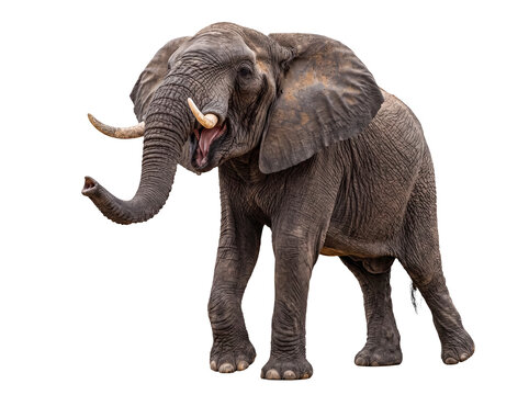 African elephant (Loxodonta africana) with open mouth and raised trunk, isolated on transparent.
