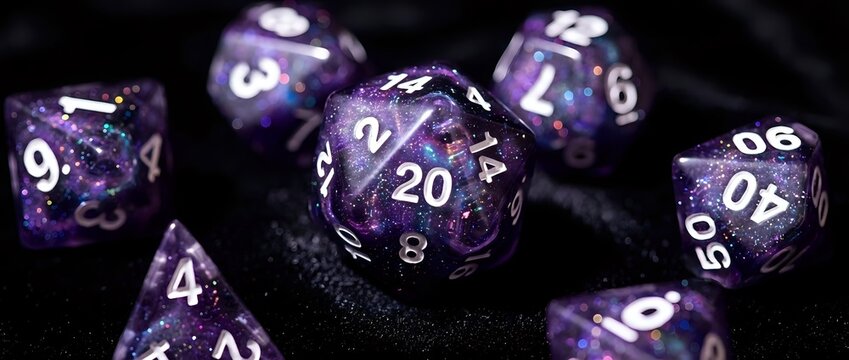 Purple polyhedral dice set with metallic numbers on black surface for tabletop gaming, role-playing games, and dungeon adventures.