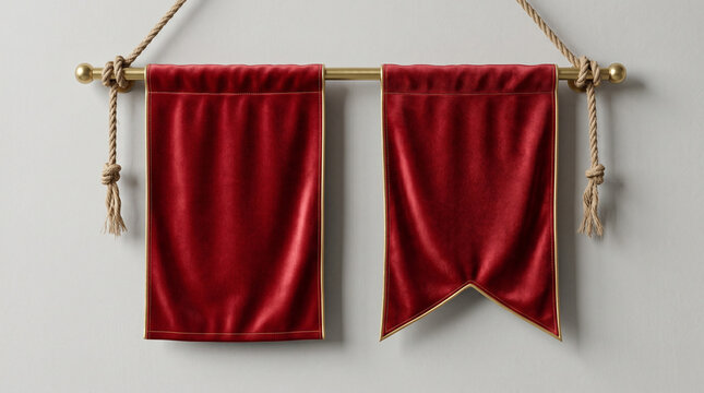 Two luxury red velvet banners hanging from brass rod with rustic ropes against plain gray wall background for royal heraldry or award display presentation of medieval history design.