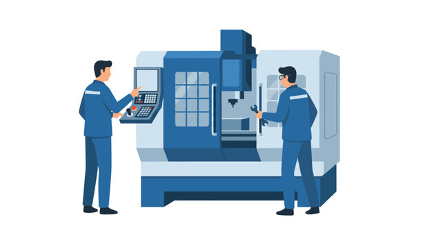Industrial workers in blue uniforms operating and repairing large CNC milling machine with tools for manufacturing production process.