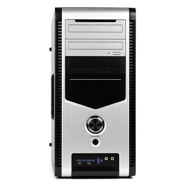 Silver and black desktop computer tower with various ports isolated on white background
