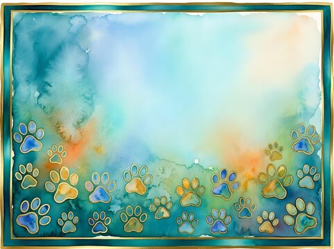 Watercolor Pet Paw Prints Background with Colorful Flowers in Blue and Green Tones