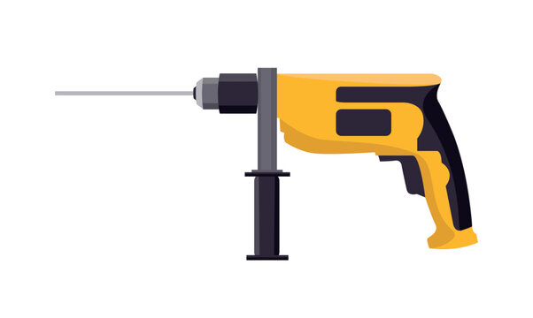 Flat vector illustration of a yellow electric impact hammer drill power tool isolated on a white background.