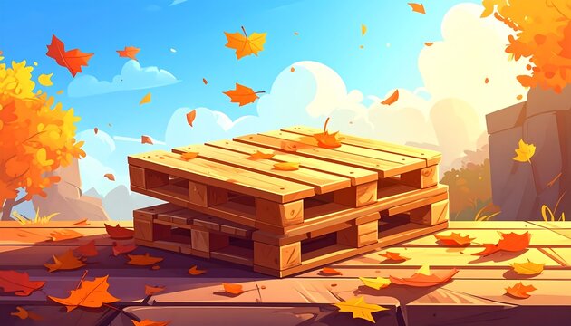 A stack of wooden pallets on a brick pathway surrounded by autumn leaves and trees