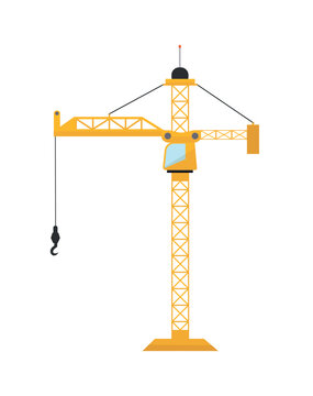 Flat vector illustration of a tall yellow construction tower crane machine isolated on a white background.
