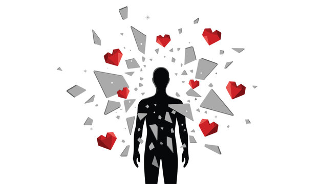 Silhouette of a person with red geometric heart shapes and gray shards exploding outward to depict emotional pain or heartbreak.