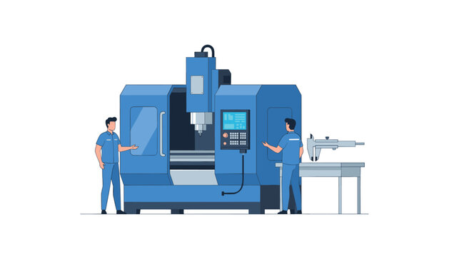 Industrial technicians in blue uniforms operate a large CNC machining center with a digital control panel display for precision manufacturing and metal fabrication tasks.