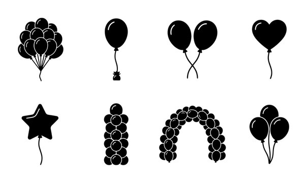 Black Balloon Icons Set, Party Celebration Vector Graphics, Festive Decoration Elements, Anniversary Event Symbols