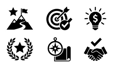 Business Success Icons: Goal Achievement, Strategy, Innovation, Recognition, Navigation, Partnership Vector Set © Farjana