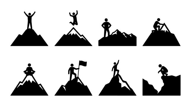 Mountain Peak Achievement Icons, Success Silhouette Collection, Victory Summit Vector Set, Business Goal Reached