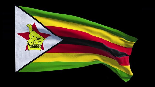 Professional animation of the Zimbabwe flag waving in the wind, ideal for African travel videos, cultural projects, news content, education, web banner use, and national holiday visuals.