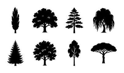 Diverse Tree Silhouettes Collection, 8 Vector Icons for Nature and Landscape Design Elements © fr