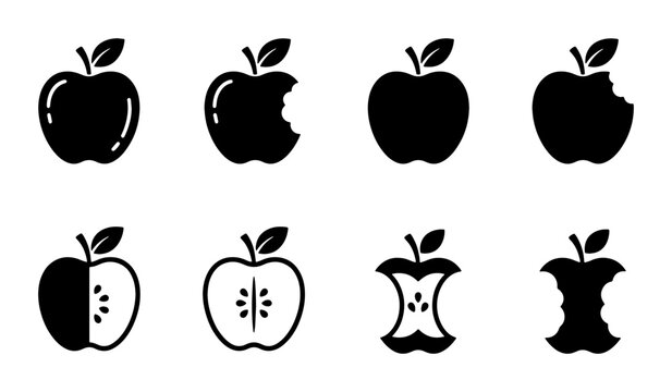 Apple Icons Set: Whole, Bitten, Half, and Core Vector Graphics for Food and Health Concepts